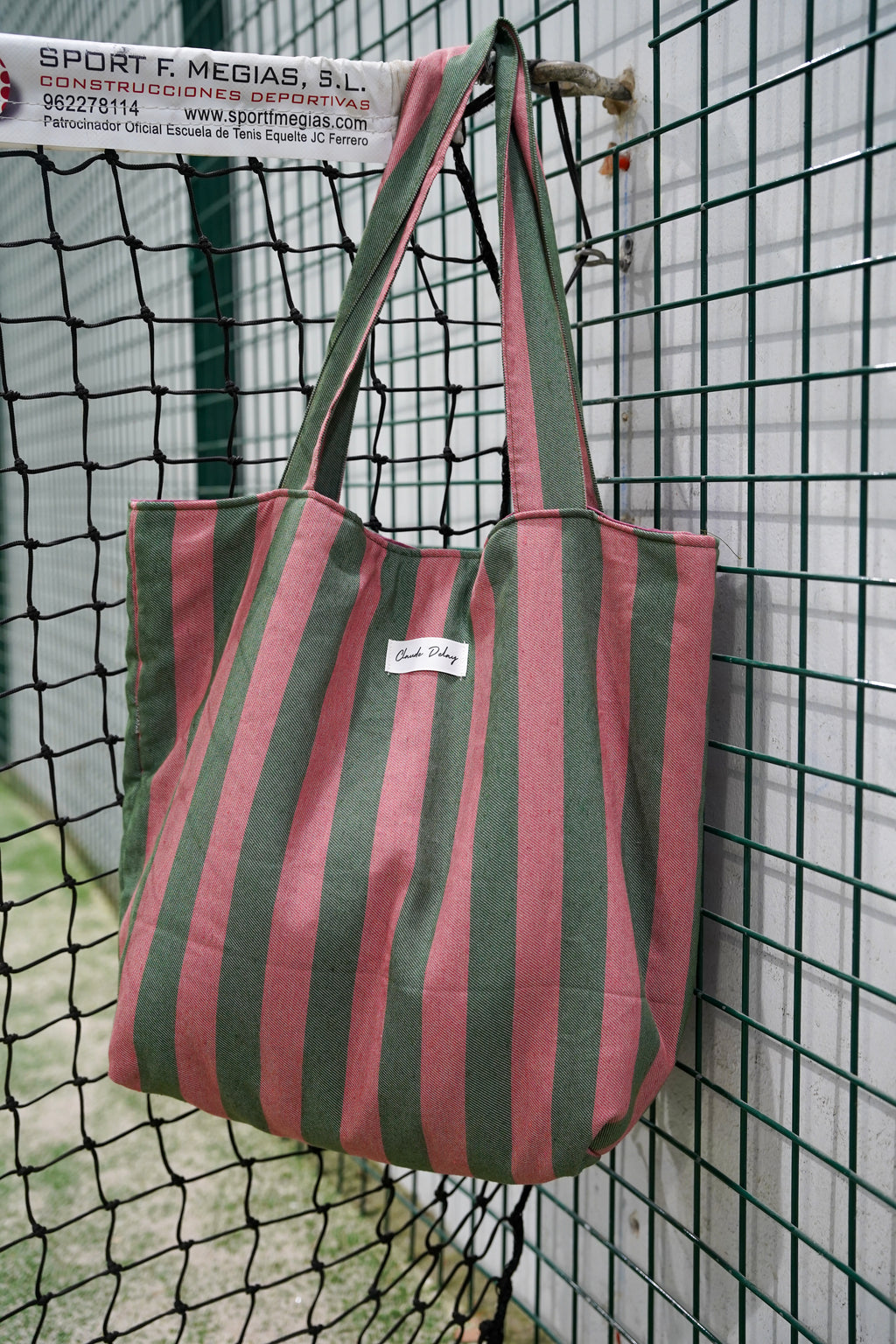 Bolso rayas verde y rosa oscuro